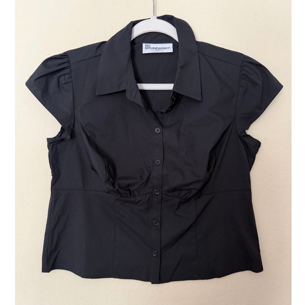 Black Ruched Bust Puff Cap Sleeve Button Down Top Mens M 8-10